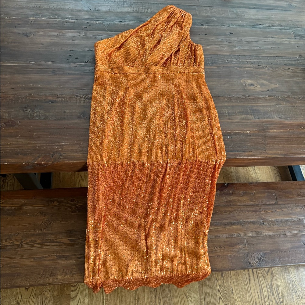 Ieena for Mac Duggal Sequined Ruched One Shoulder Gown - Orange - Picture 7 of 8